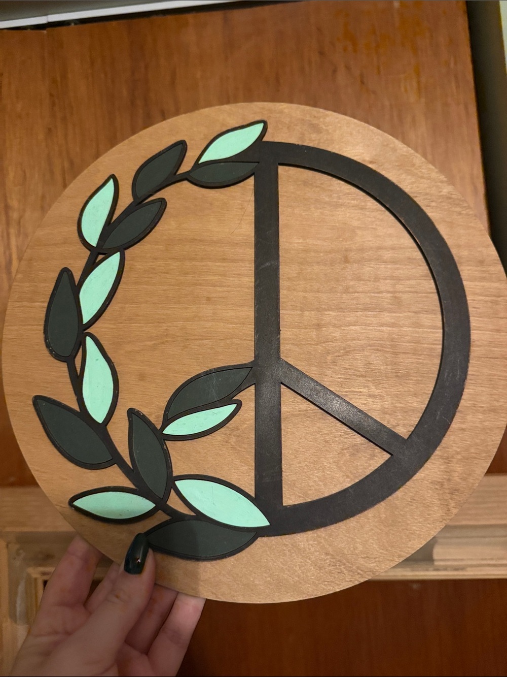 Wooden Peace Sign Wall Decor with Mint Green Leaves